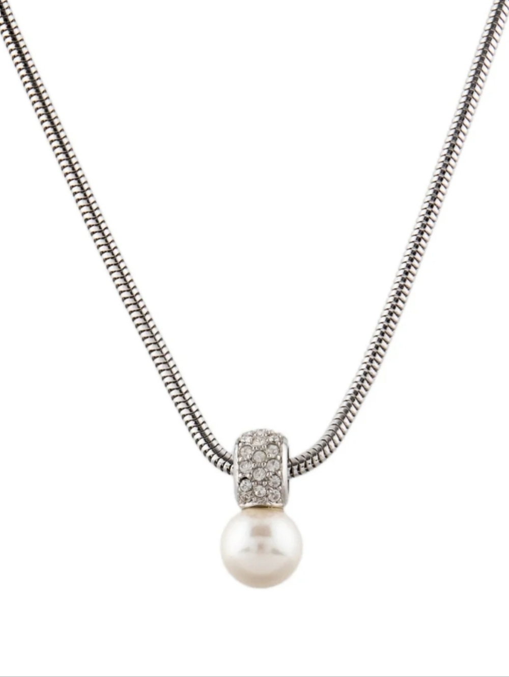 Dior Silver Chain Necklace with White Pearl and Pave Accent - Picture 3 of 3